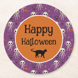 Dessous-de-verre Rond En Papier Jolis squelettes et chat Halloween violet et orang