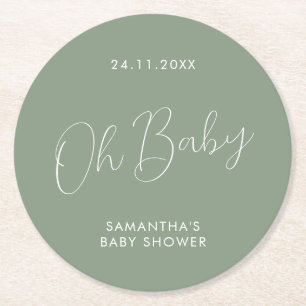 Dessous-de-verre Rond En Papier Jour de Baby Shower Minimaliste Écriture Vert Saug