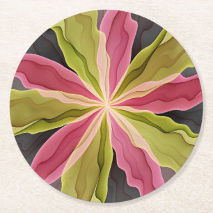Dessous-de-verre Rond En Papier Joy, Vert rose Anthracite Imaginaire Fleur Fractal