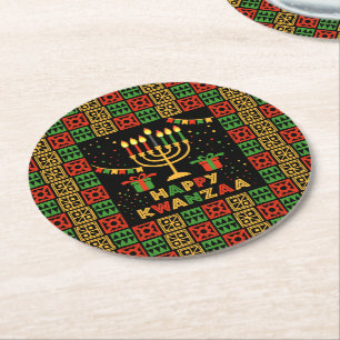 Dessous-de-verre Rond En Papier Joyeuses bougies Kwanzaa Rouge Noir Jaune Jaune