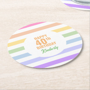 Dessous-de-verre Rond En Papier Joyeux 40ème anniversaire en Rainbow Stripes