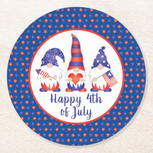 Dessous-de-verre Rond En Papier Joyeux 4 juillet Gnomes Rouge Blanc Bleu