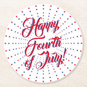 Dessous-de-verre Rond En Papier Joyeux 4 Juillet script rouge blanc & bleu étoiles
