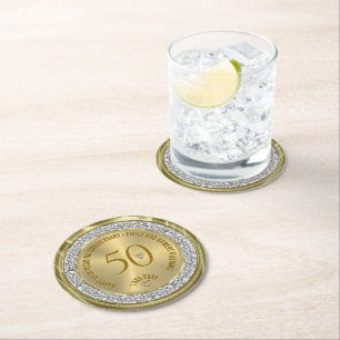 Dessous-de-verre Rond En Papier Joyeux 50e anniversaire de mariage diamants et or