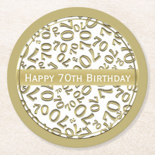 Dessous-de-verre Rond En Papier "Joyeux 70e anniversaire" Motif de numéro blanc/or