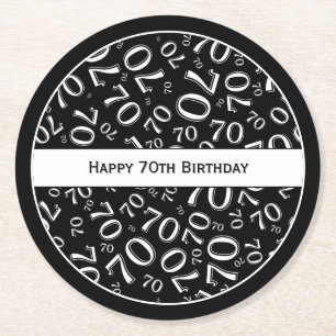 Dessous-de-verre Rond En Papier "Joyeux 70e anniversaire" Noir/Blanc Motif numériq