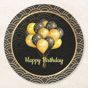 Dessous-de-verre Rond En Papier Joyeux anniversaire, élégant noir et or