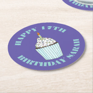 Dessous-de-verre Rond En Papier Joyeux Anniversaire Glaçage Pailleté Cupcake Bleu