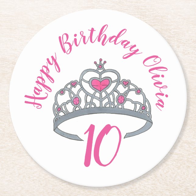 Dessous-de-verre Rond En Papier Joyeux anniversaire Pink Princess Party Tiara Crow (Devant)