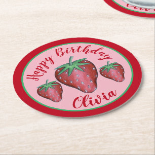 Dessous-de-verre Rond En Papier Joyeux Anniversaire Rose Red Sweet Fraise Berries