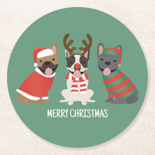 Dessous-de-verre Rond En Papier Joyeux Buldogs français de Noël