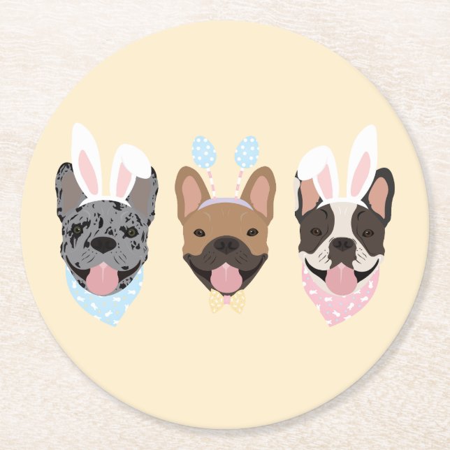 Dessous-de-verre Rond En Papier Joyeux Bulldogs français de Pâques (Devant)
