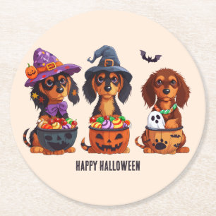 Dessous-de-verre Rond En Papier Joyeux Chiens de Dachshund Halloween
