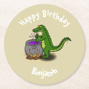 Dessous-de-verre Rond En Papier Joyeux dîner de cuisine d'alligator vert caricatur