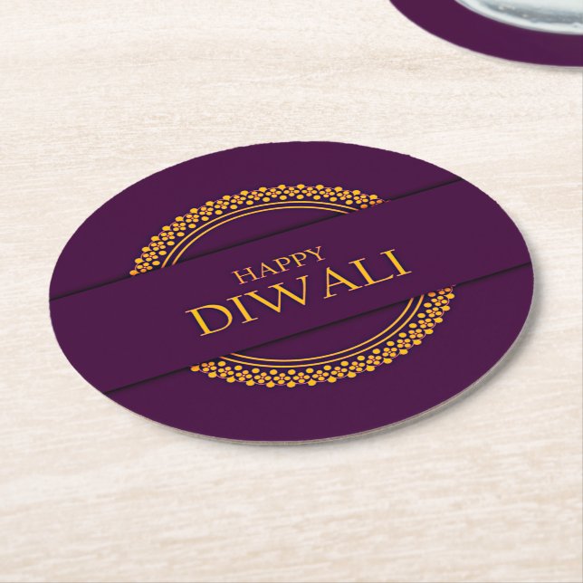 Dessous-de-verre Rond En Papier Joyeux Diwali Purple Gold Elegant (Incliné)