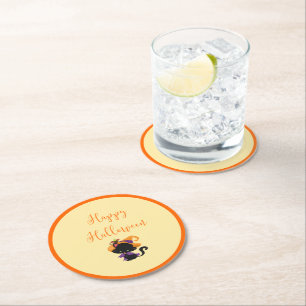 Dessous-de-verre Rond En Papier Joyeux Halloween Sorcière Chat Noir Souris sur le 