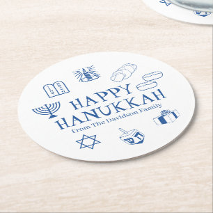Dessous-de-verre Rond En Papier Joyeux Hanoukka bleu blanc nom de famille personna