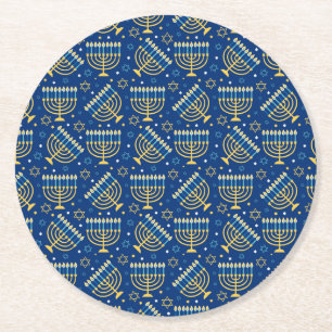 Dessous-de-verre Rond En Papier Joyeux Hanoukka Etoile juive Menorah Bleu Chanukah