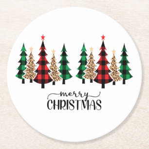 Dessous-de-verre Rond En Papier Joyeux Noël Arbres à carreaux rouges et verts 