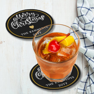 Dessous-de-verre Rond En Papier Joyeux Noël Black White Gold