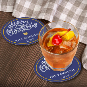 Dessous-de-verre Rond En Papier Joyeux Noël bleu blanc or