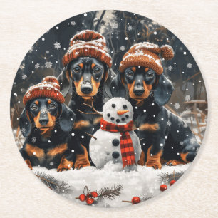 Dessous-de-verre Rond En Papier Joyeux Noël Chiens Chiens Snowman