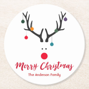 Dessous-de-verre Rond En Papier Joyeux Noël minimaliste et mignon renne blanc