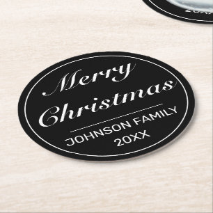 Dessous-de-verre Rond En Papier Joyeux Noël moderne minimaliste noir blanc