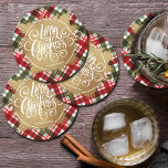 Dessous-de-verre Rond En Papier Joyeux Noël Or Plaid<br><div class="desc">Joyeux Noël en lettrage blanc chic sur une bande de fausse feuille d'or,  ces dessous de verre ronds sont dotés d'un arrière - plan de plaid rouge,  vert et blanc et sont personnalisés avec votre nom. Plaques,  serviettes et plus dans notre magasin.</div>