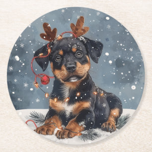 Dessous-de-verre Rond En Papier Joyeux Noël Rottweiler Chien Reindeer