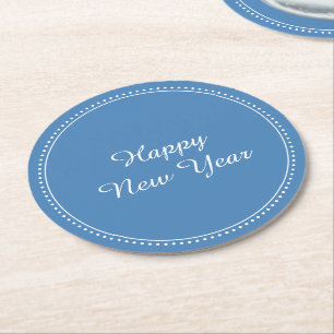 Dessous-de-verre Rond En Papier Joyeux Nouvel An Elegant Bleu et Blanc Milgrain