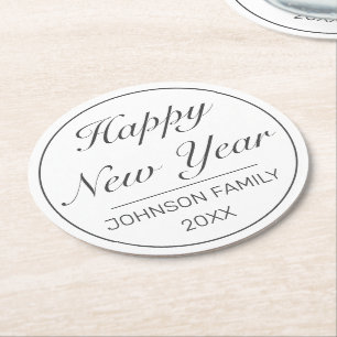 Dessous-de-verre Rond En Papier Joyeux Nouvel An Moderne Minimaliste Blanc Noir