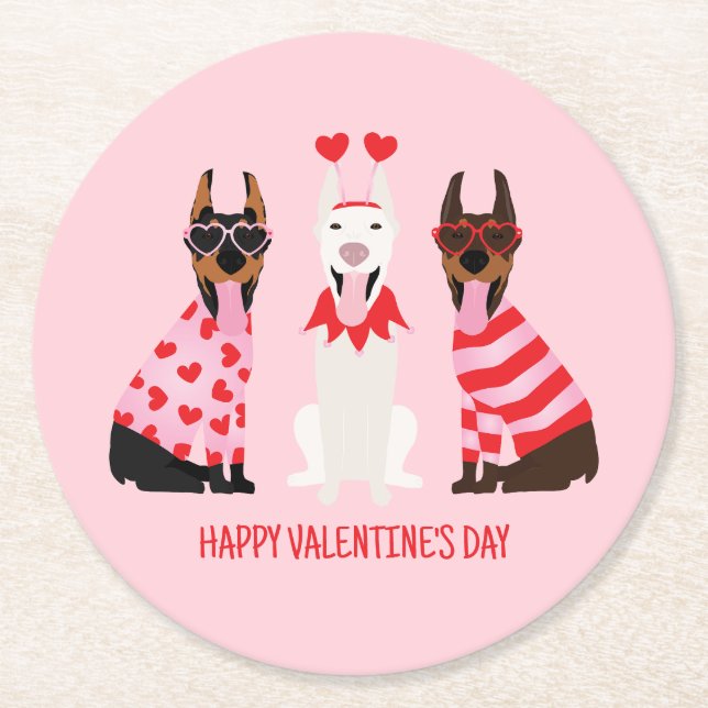 Dessous-de-verre Rond En Papier Joyeux Valentines Day Chiens Dobermann (Devant)