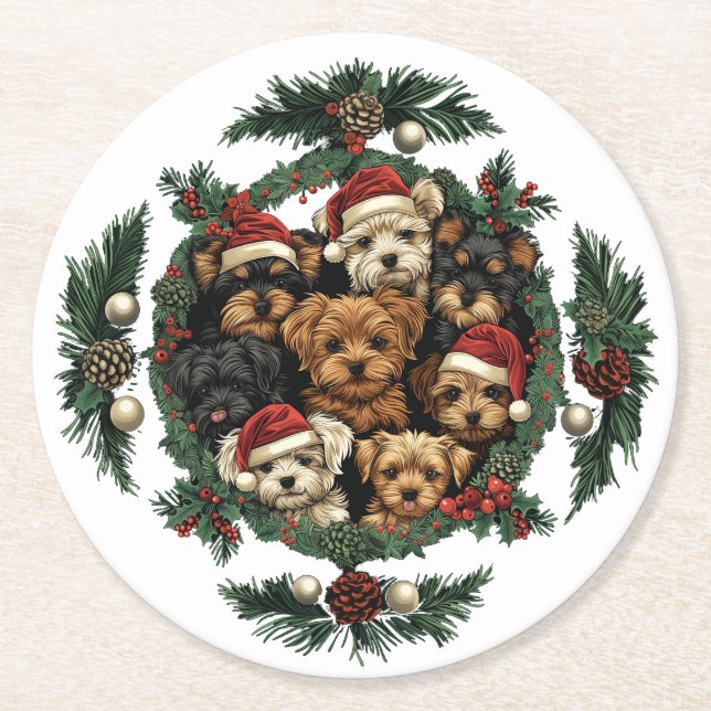 Dessous-de-verre Rond En Papier Joyeux Yorkshire Terrier Chiens de Noël (Devant)