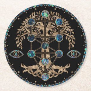 Dessous-de-verre Rond En Papier Kabbalah L'Arbre de la Vie L'Abalone et l'Or