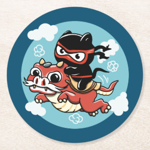 Dessous-de-verre Rond En Papier Kawaii Ninja Chat à cheval sur un Dragon Rouge