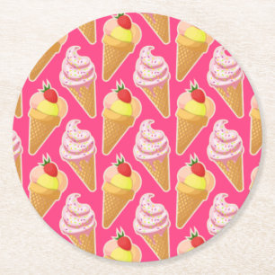 Dessous-de-verre Rond En Papier Kawaii pink pattern with strawberry ice cream