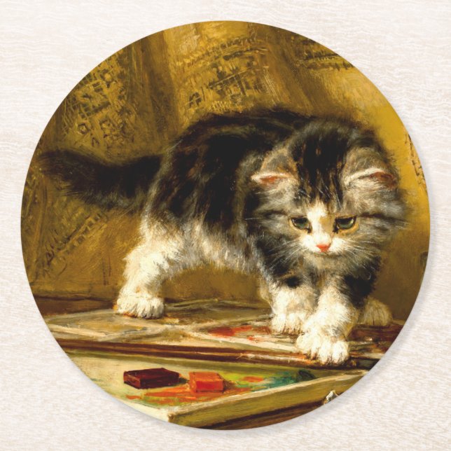 Dessous-de-verre Rond En Papier Kitten avec peinture et brosses (Devant)