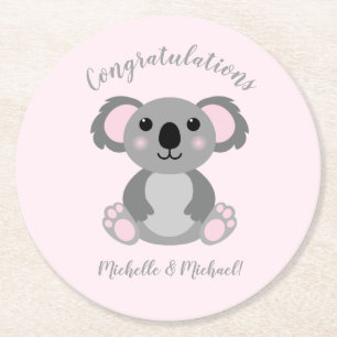Dessous-de-verre Rond En Papier Koala ours Baby shower fille rose