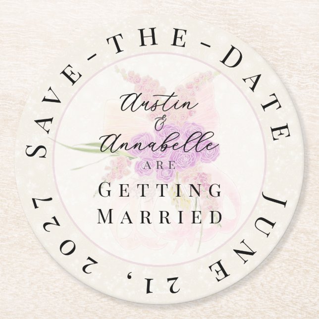 Dessous-de-verre Rond En Papier La Boca Golden Sheer Bow Bouquet Save-the-Date  (Devant)