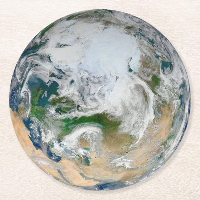 Dessous-de-verre Rond En Papier La Terre Montre L'Arctique, L'Europe Et L'Asie. (Devant)