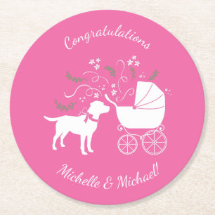 Dessous-de-verre Rond En Papier Labrador Theme Chien Baby shower Pink Lab