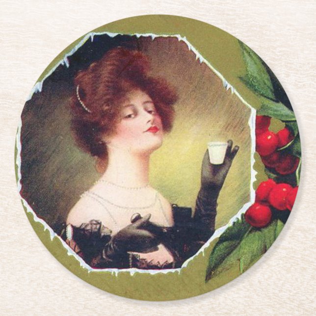 Dessous-de-verre Rond En Papier Lady fait un toast à Noël (Devant)
