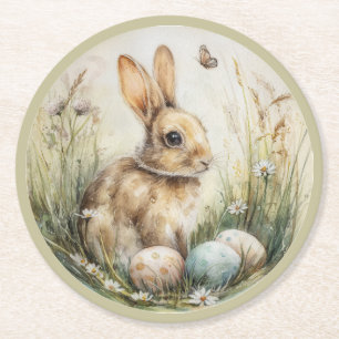 Dessous-de-verre Rond En Papier Lapin de Pâques à l'aquarelle, Art floral de prair