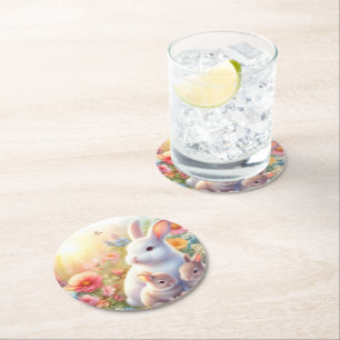 Dessous-de-verre Rond En Papier Lapin de Pâques de printemps Famille Florale Jardi