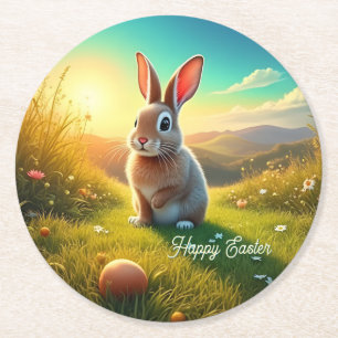 Dessous-de-verre Rond En Papier Lapin de Pâques et œufs colorés dans la magie du p