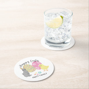 Dessous-de-verre Rond En Papier Lapin de Pâques et poussin avec des oeufs décorés