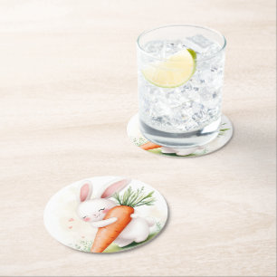 Dessous-de-verre Rond En Papier Lapin de printemps à l'aquarelle mignon Carotte