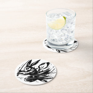 Dessous-de-verre Rond En Papier Lapin Guerrier à l'Encre Noire Samouraï