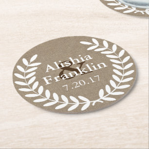 Dessous-de-verre Rond En Papier Lauriers blancs jeune mariée de ferme et date de